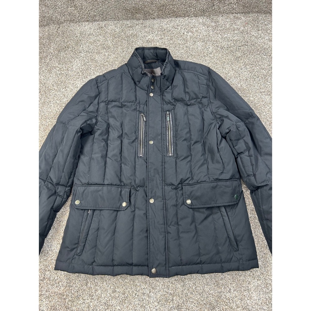 Cole Haan Mens Black Quilted Down Puffer Jacket Lambskin Leather Trim Large